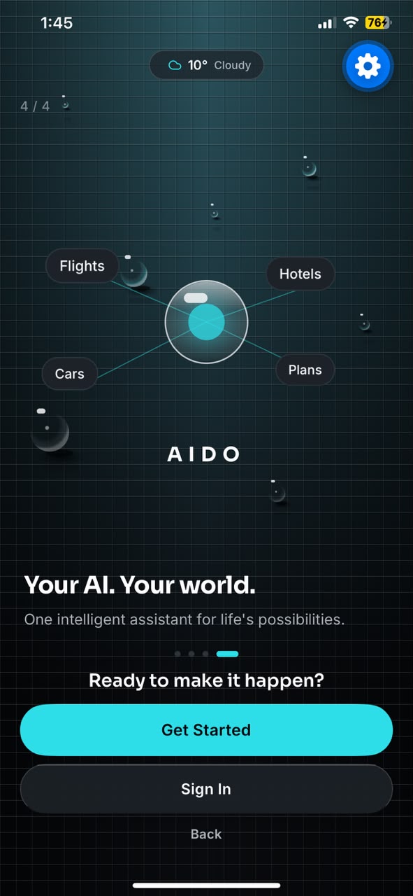 AIDO app — intelligence orb connecting flights, hotels, cars and plans